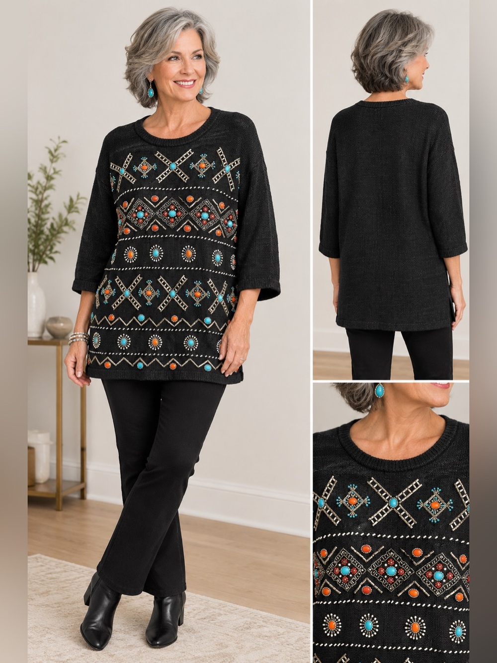 VTG Victoria Jones Beaded Black Sweater Tunic with Turquoise & Coral Women 2X